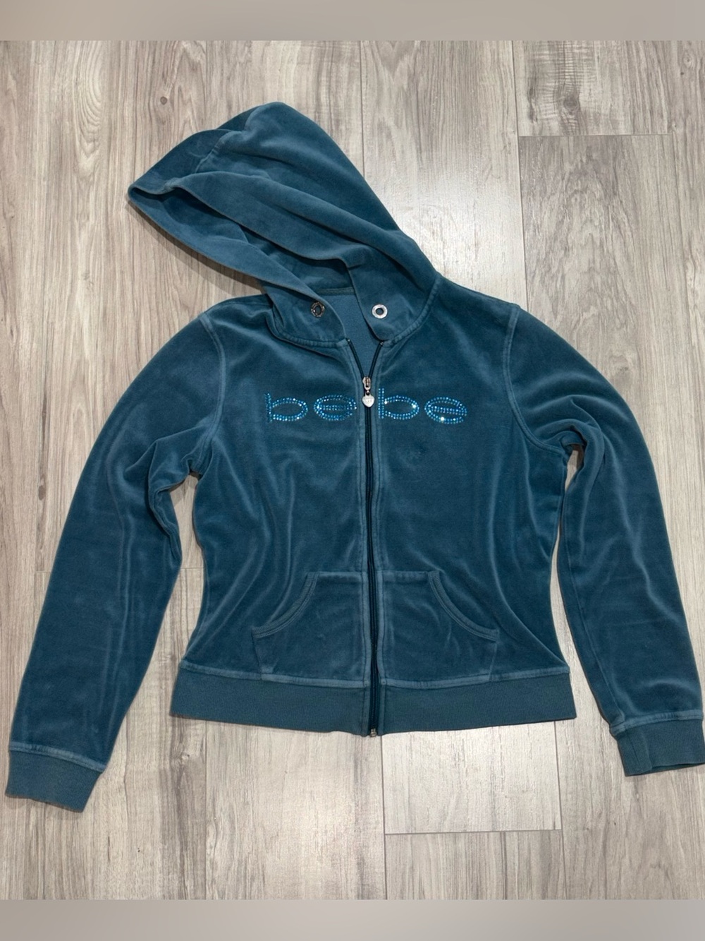 Vintage Y2K Bebe Teal Velour Rhinestone Mcbling Zip Up Hoodie S